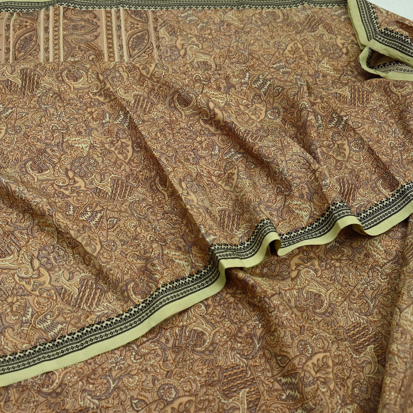 Indian Vintage Beige Saree Pure Silk Printed Sari Craft Fabric 6yd Sewing Craft Dress Making Soft Paisley Quilting Crafting Upcycle Used