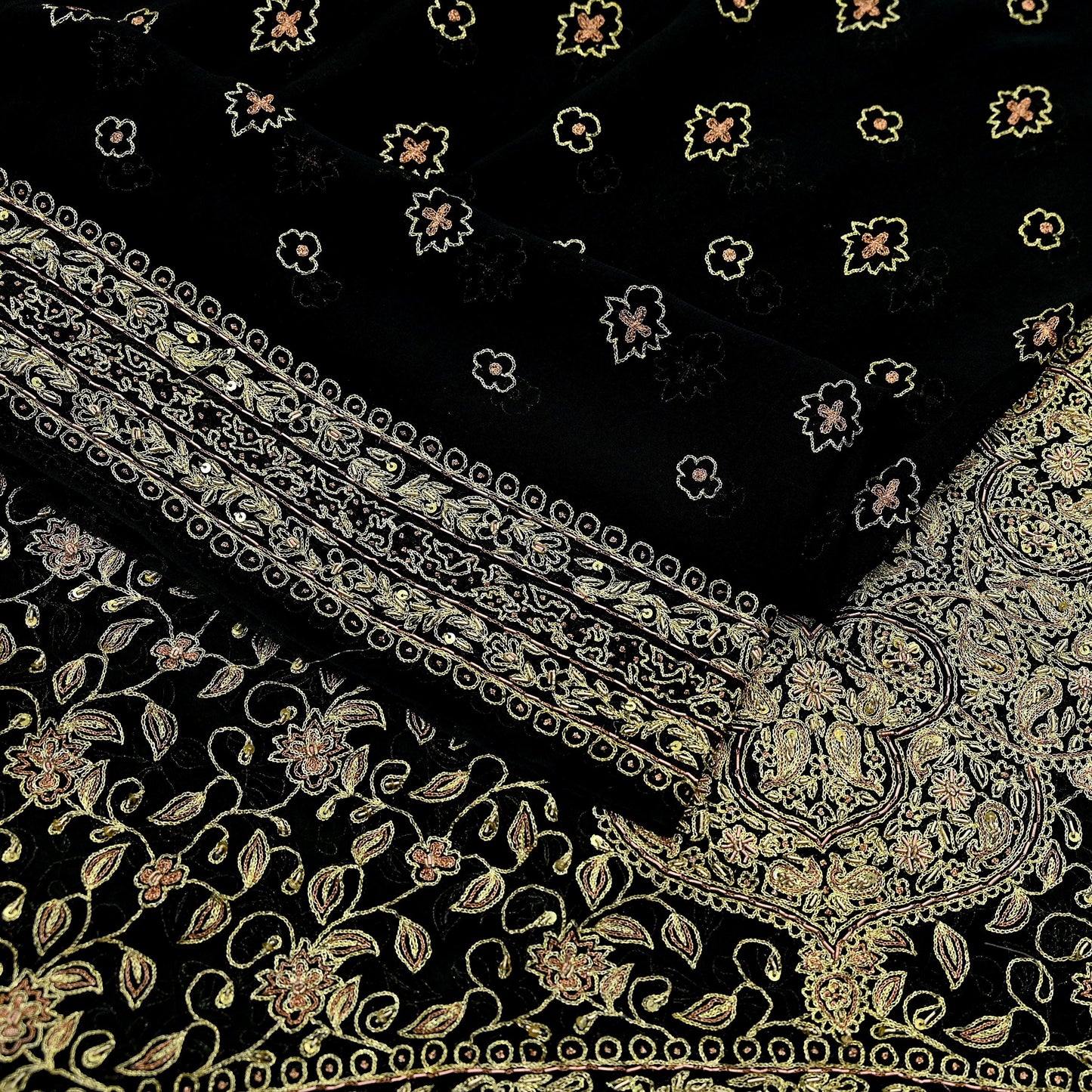 Indian Vintage Heavy Black Dupatta Pure Georgette Silk Long Stole Hand Embroidered Designer By Ritu Kumar Scarves Scarf Zari Zardozi