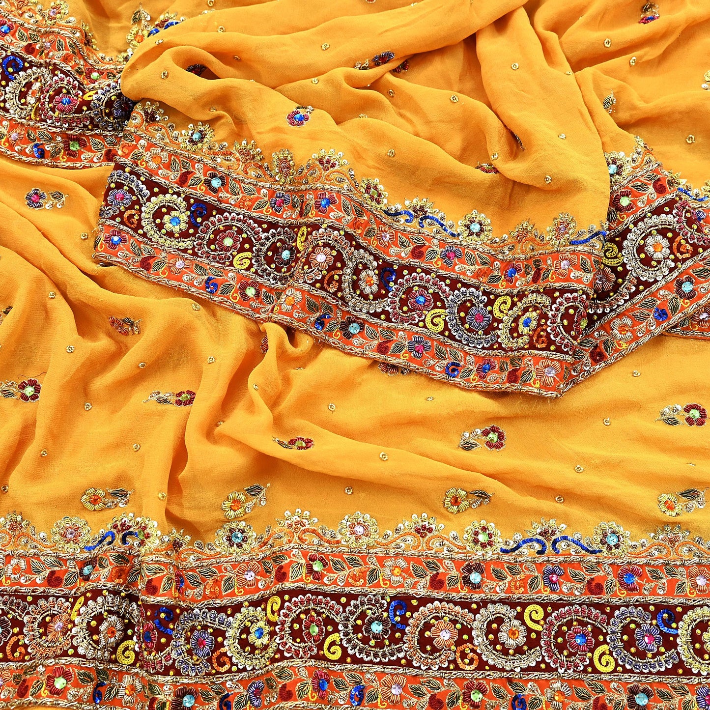 Indian Vintage Heavy Bridal Dupatta Saffron Pure Georgette Silk Long Stole Hand Embroidered Scarf Zardozi/Dabka Zari Wedding/Party Dupatta