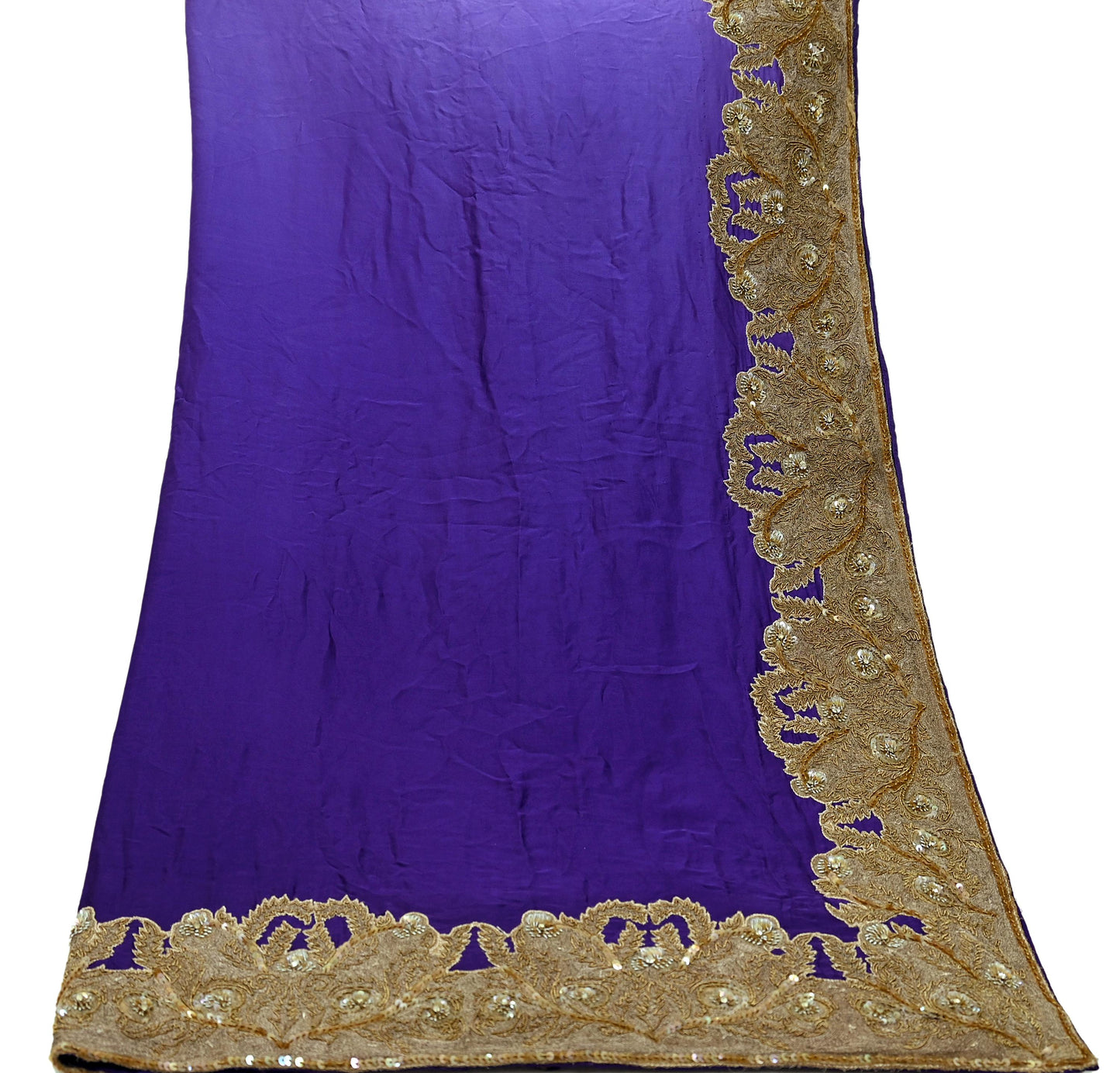 Indian Vintage Heavy Wedding Purple Dupatta Pure Satin Silk Long Stole Hand Embroidered Scarves Golden Zardozi Veil