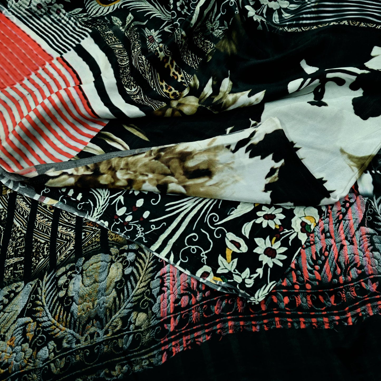 Indian Vintage Saree Black Pure Satin Silk Digital Printed Sari 6yd Sewing Floral Soft Craft Fabric Dress Making Crafting Quilting