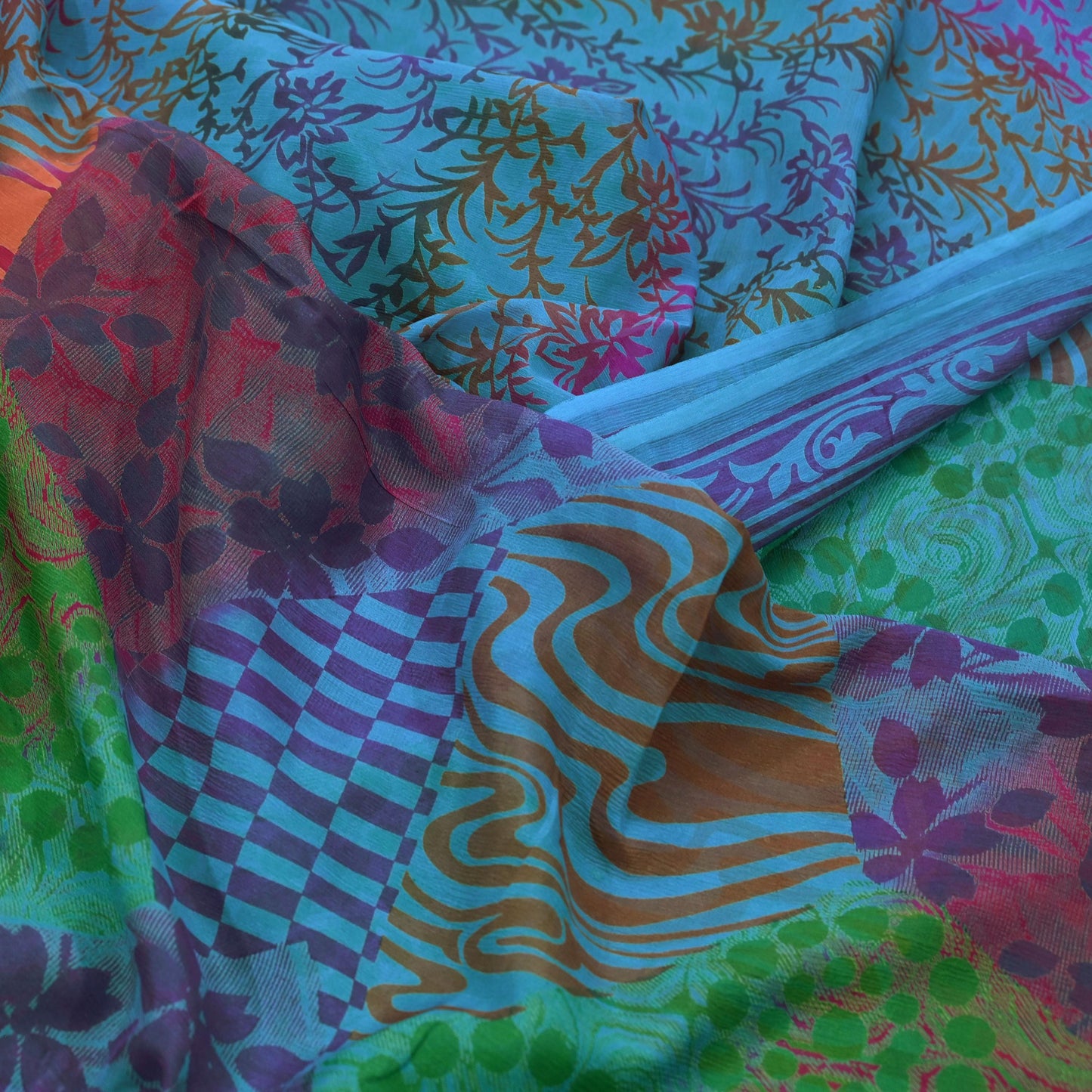 Indian Vintage Sari Blue & Purple Pure Chiffon Silk Printed Sarees Craft Fabric Sewing 6Yd Soft Light Sari Dress Making