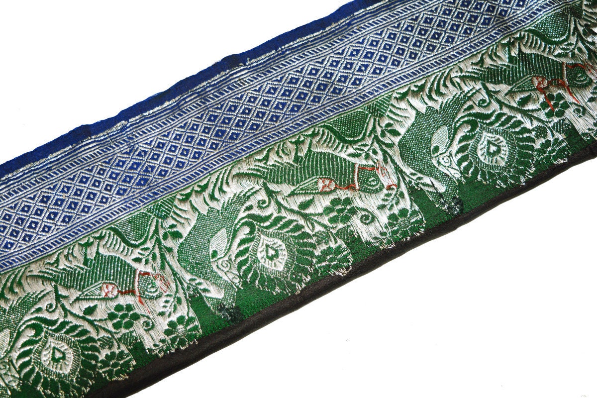 Indian Antique Vintage Sari Border Woven Banarasi Brocade Trim Craft Sewing Ribbon Recycled Sari Border Lace Bottle Green Brown Silver Zari