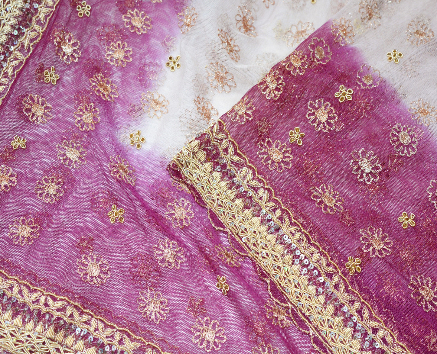 Indian Vintage Heavy Cream & Maroon Dupatta Net Mesh Long Stole Hand Embroidered Scarves Golden Zardozi Zari Stole