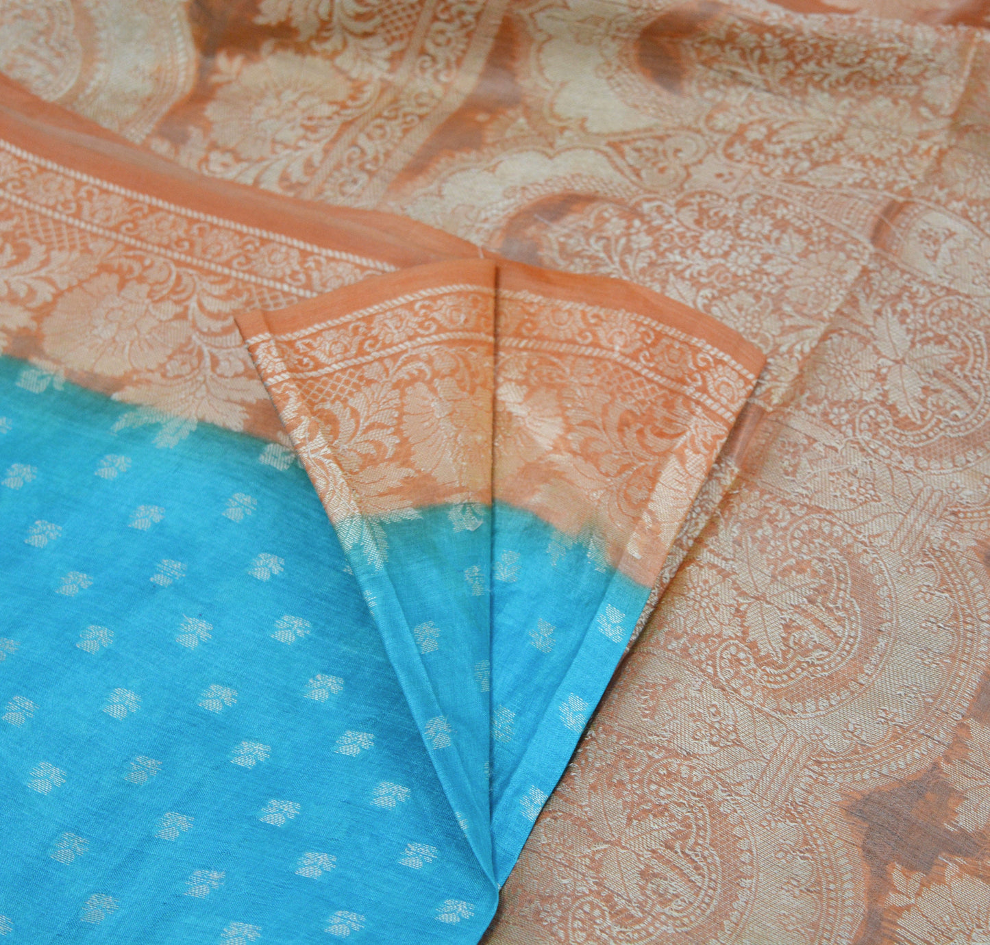Indian Vintage Sari Blue & Saffron Pure Tussar Silk Hand Woven Sarees Fabric 5Yard Sewing Coarse Ethnic