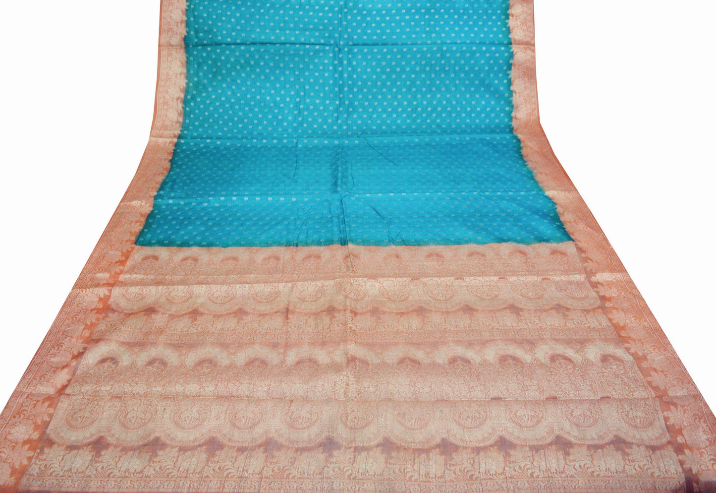 Indian Vintage Sari Blue & Saffron Pure Tussar Silk Hand Woven Sarees Fabric 5Yard Sewing Coarse Ethnic
