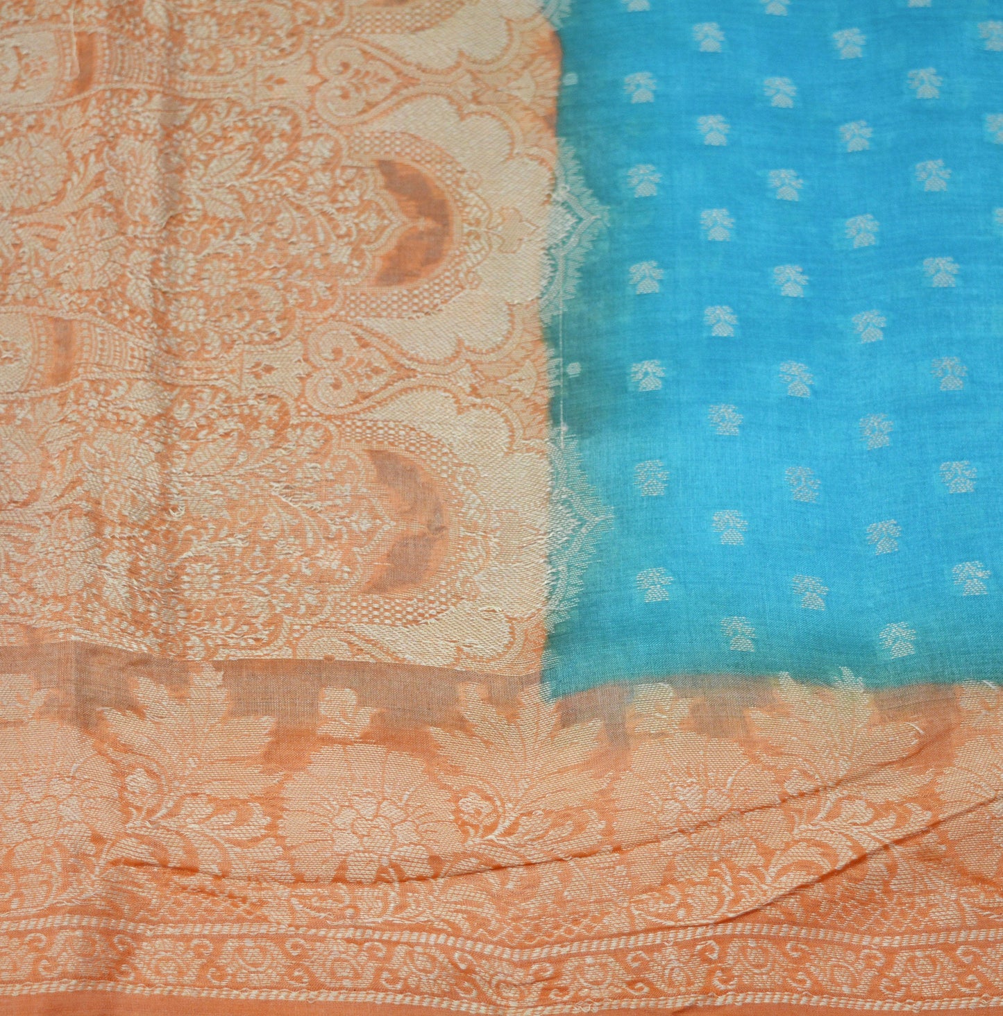 Indian Vintage Sari Blue & Saffron Pure Tussar Silk Hand Woven Sarees Fabric 5Yard Sewing Coarse Ethnic