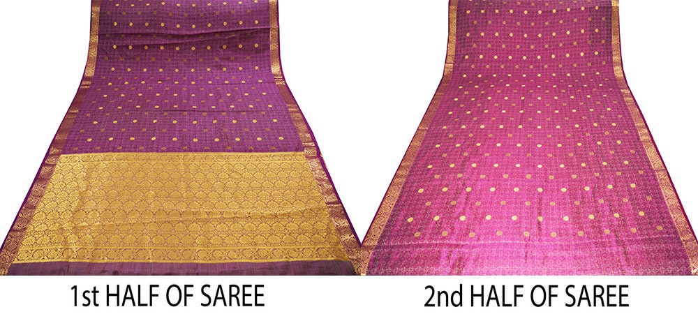 Indian Vintage Green & Purple Sarees Organza Woven Indian Sari Fabric 6Yard Sewing Ethnic Golden Zari Floral