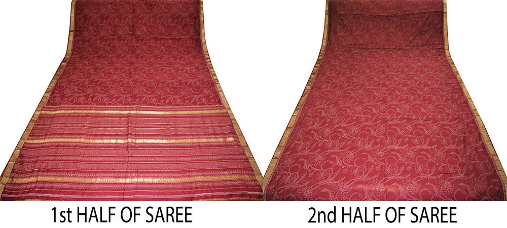 Indian Vintage Sari Maroon Block Printed Sari Pure chanderi Silk Saree Fabric 5Yard Floral Soft Golden Zari