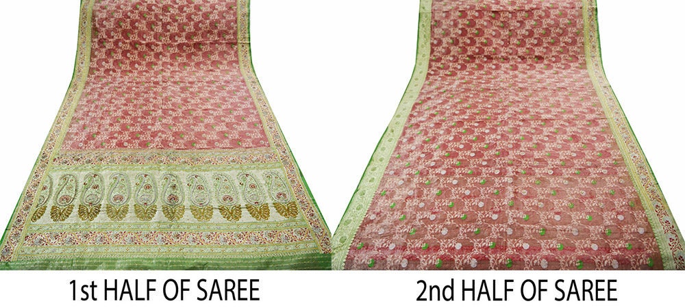 Antique Vintage Sari Green & Red Heavy Pure Silk Hand Embroidered Brocade Saree Zari/Zardozi/Dabka 5Yd