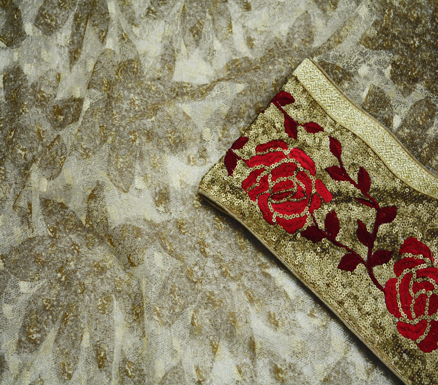 Indian Vintage Biege & Golden Saree Net/Mesh Embroidered Printed Indian Sari Fabric 6Yd Sewing Soft Golden Sequins Floral