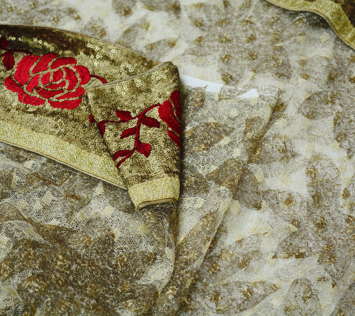 Indian Vintage Biege & Golden Saree Net/Mesh Embroidered Printed Indian Sari Fabric 6Yd Sewing Soft Golden Sequins Floral