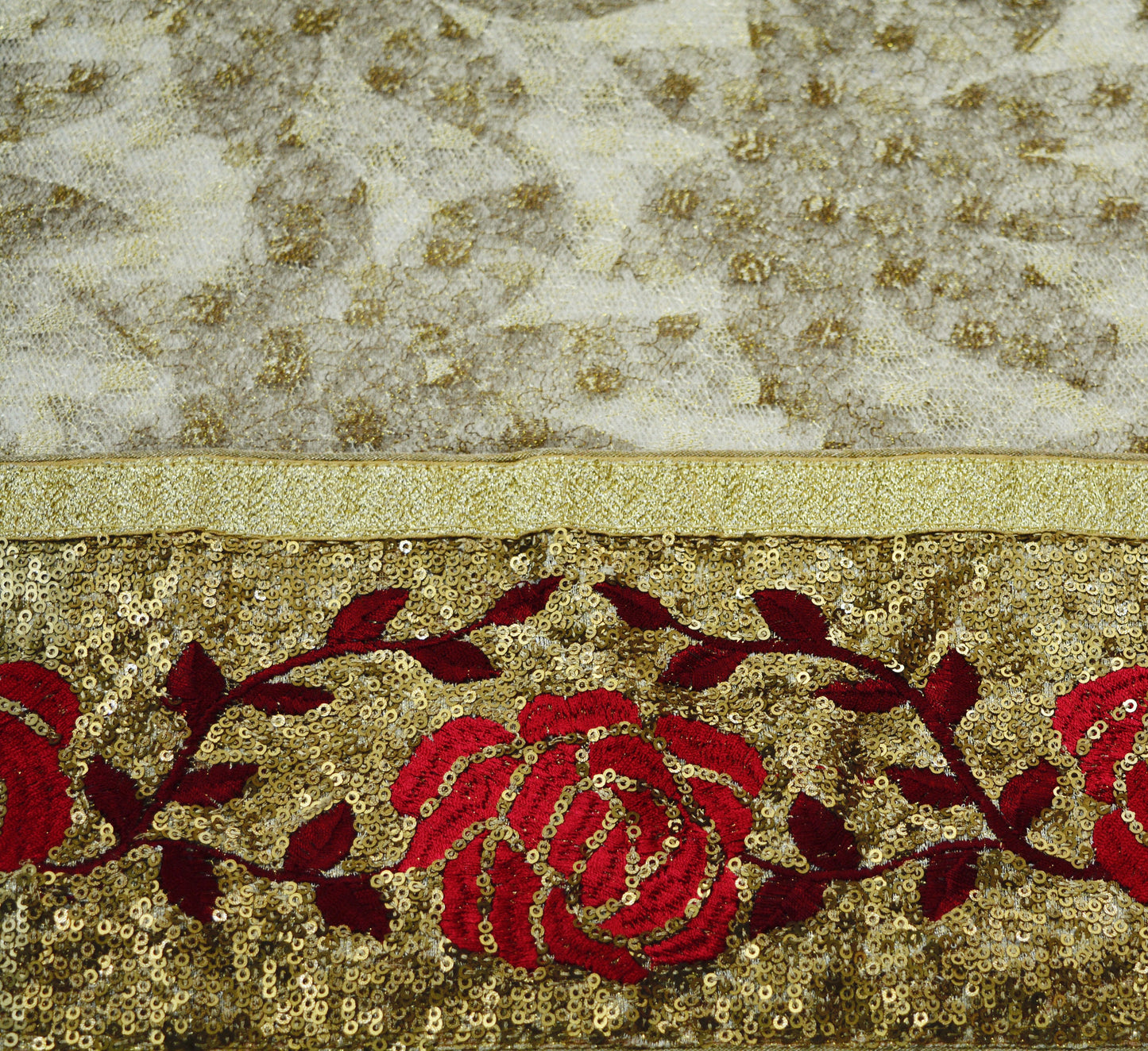 Indian Vintage Biege & Golden Saree Net/Mesh Embroidered Printed Indian Sari Fabric 6Yd Sewing Soft Golden Sequins Floral