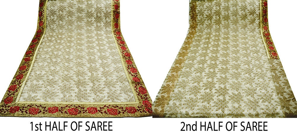 Indian Vintage Biege & Golden Saree Net/Mesh Embroidered Printed Indian Sari Fabric 6Yd Sewing Soft Golden Sequins Floral