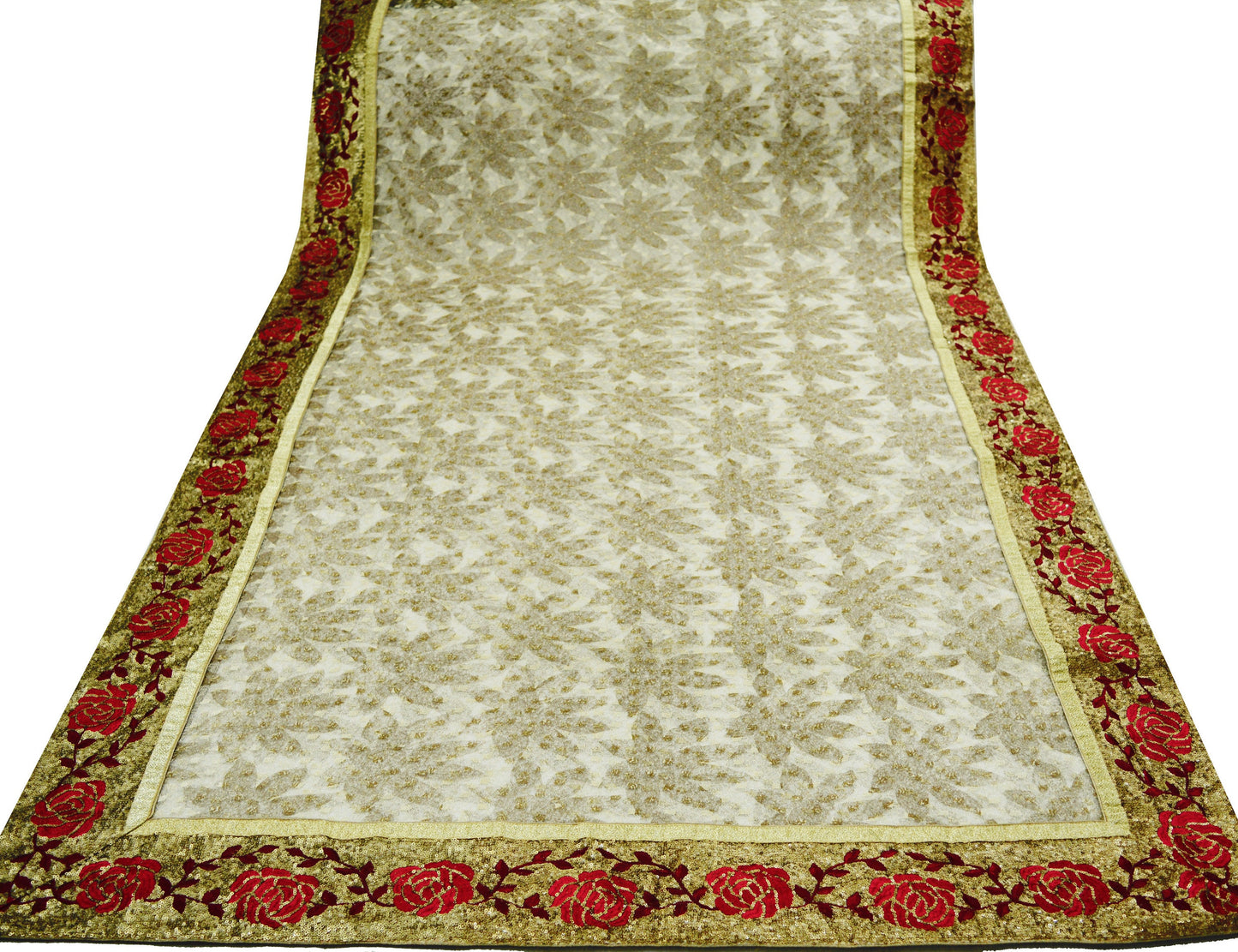Indian Vintage Biege & Golden Saree Net/Mesh Embroidered Printed Indian Sari Fabric 6Yd Sewing Soft Golden Sequins Floral