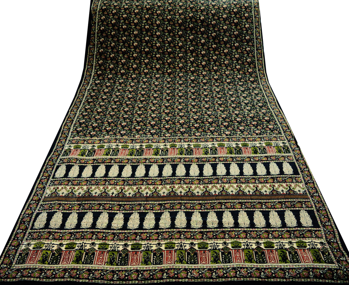 Indian Vintage Sari Black Pure Crepe Silk Block Printed Saree 5yard Sewing Floral Soft Craft Fabric Wrap