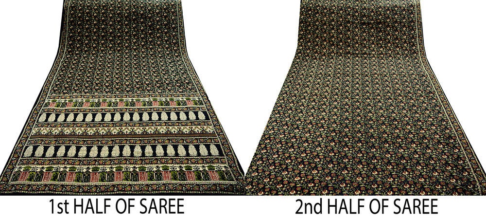Indian Vintage Sari Black Pure Crepe Silk Block Printed Saree 5yard Sewing Floral Soft Craft Fabric Wrap