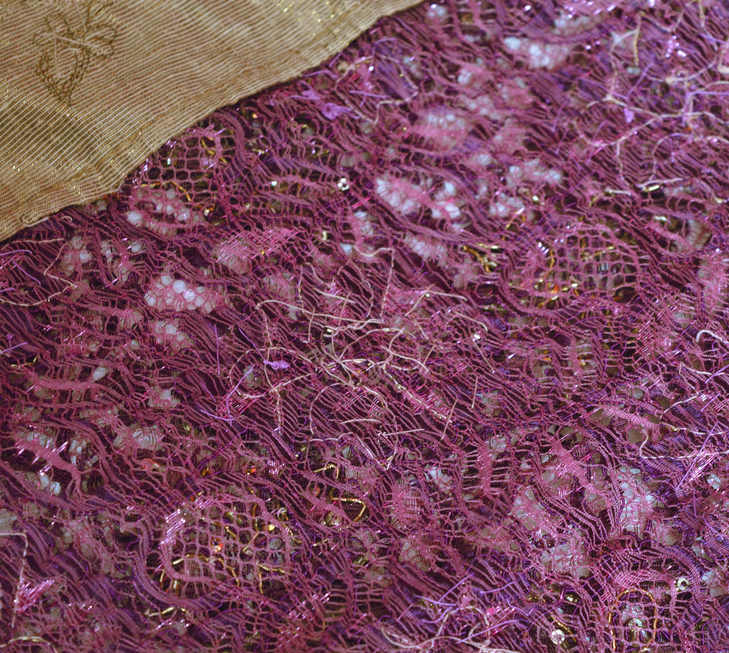 Vintage Purple Net Mesh Hand Embroidered Design Fabric 30"X42" Floral Design Crafting Sewing Quilting Zari Beaded Zardozi