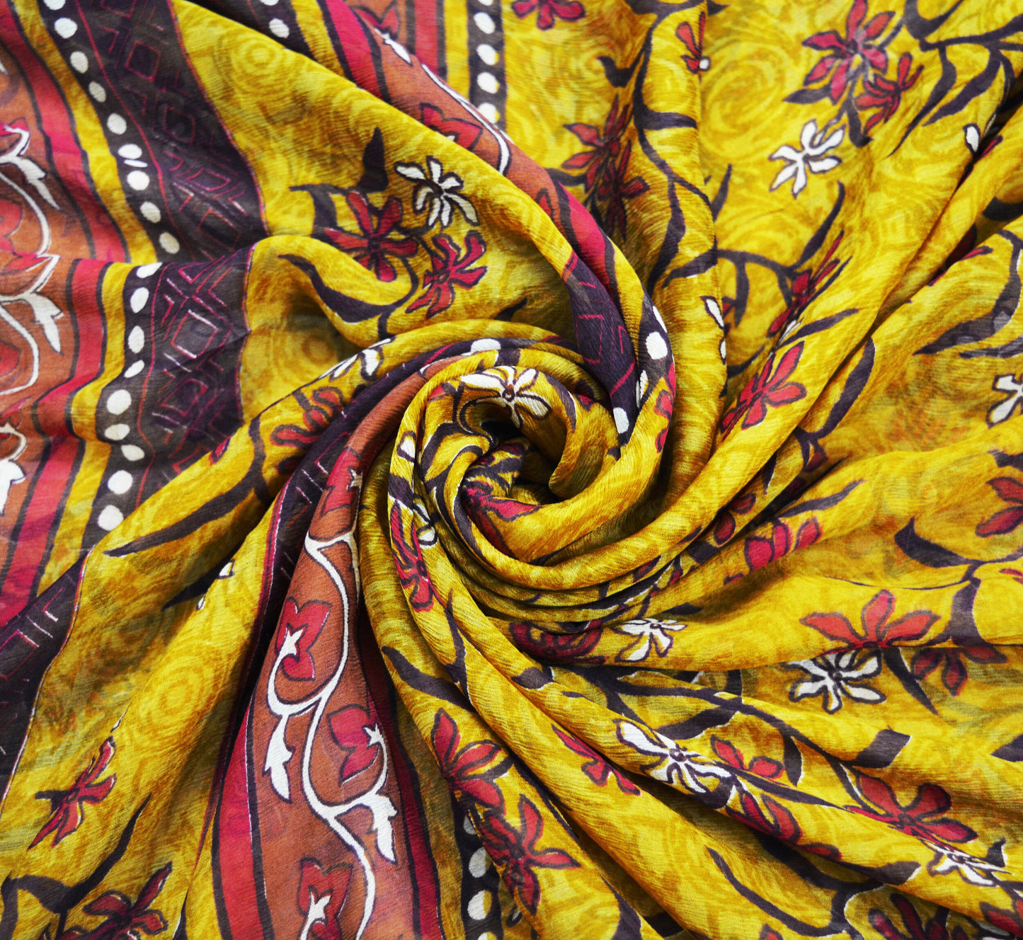 Women Vintage Sari Saffron Pure Chiffon Silk Printed Saree Craft Fabric Sewing 6Yard Soft Light Sari Dress Making Floral