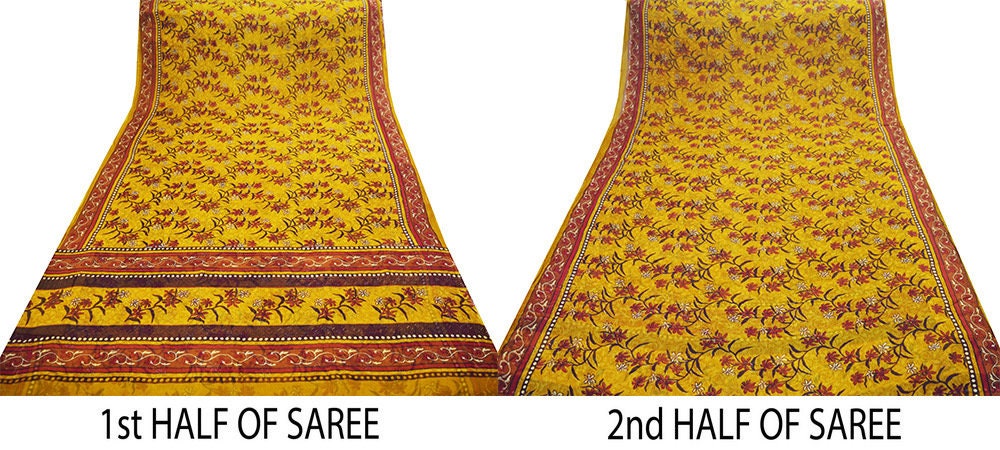 Women Vintage Sari Saffron Pure Chiffon Silk Printed Saree Craft Fabric Sewing 6Yard Soft Light Sari Dress Making Floral