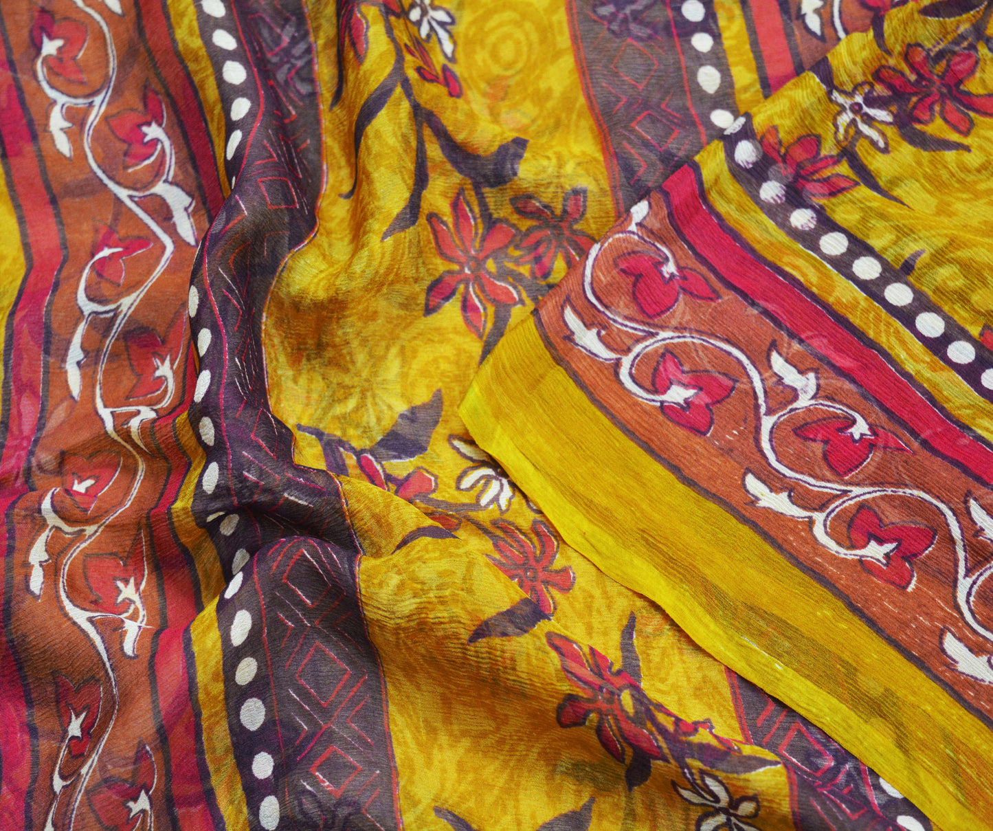 Women Vintage Sari Saffron Pure Chiffon Silk Printed Saree Craft Fabric Sewing 6Yard Soft Light Sari Dress Making Floral