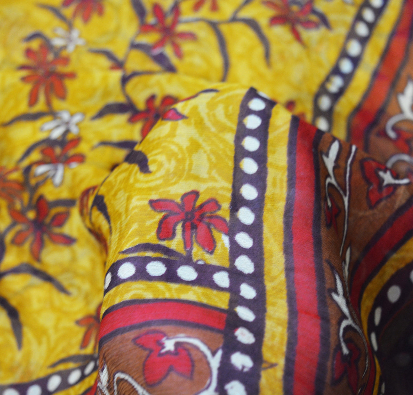 Women Vintage Sari Saffron Pure Chiffon Silk Printed Saree Craft Fabric Sewing 6Yard Soft Light Sari Dress Making Floral