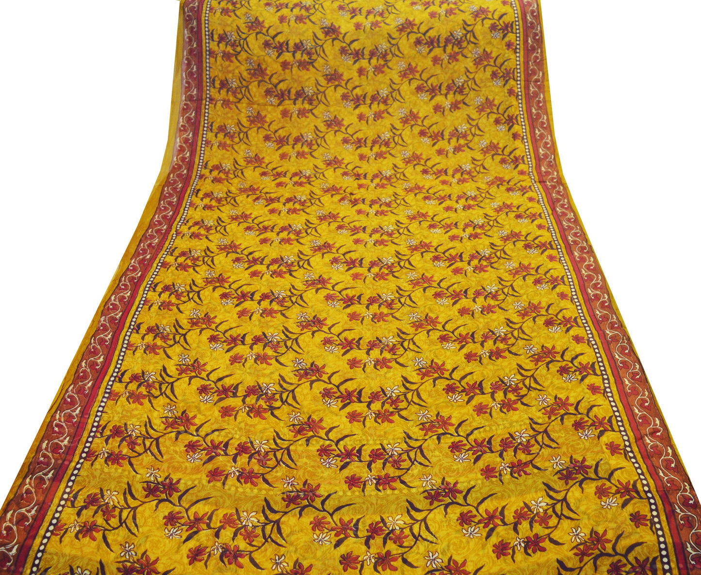 Women Vintage Sari Saffron Pure Chiffon Silk Printed Saree Craft Fabric Sewing 6Yard Soft Light Sari Dress Making Floral