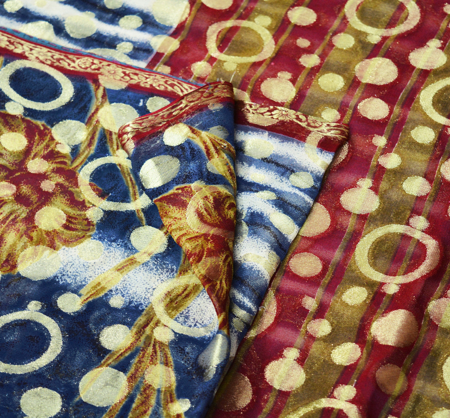 Indian Vintage Sari Cream & Blue Hand Woven Sari Blend Georgette Saree Fabric 5Yard Floral Soft Golden Zari