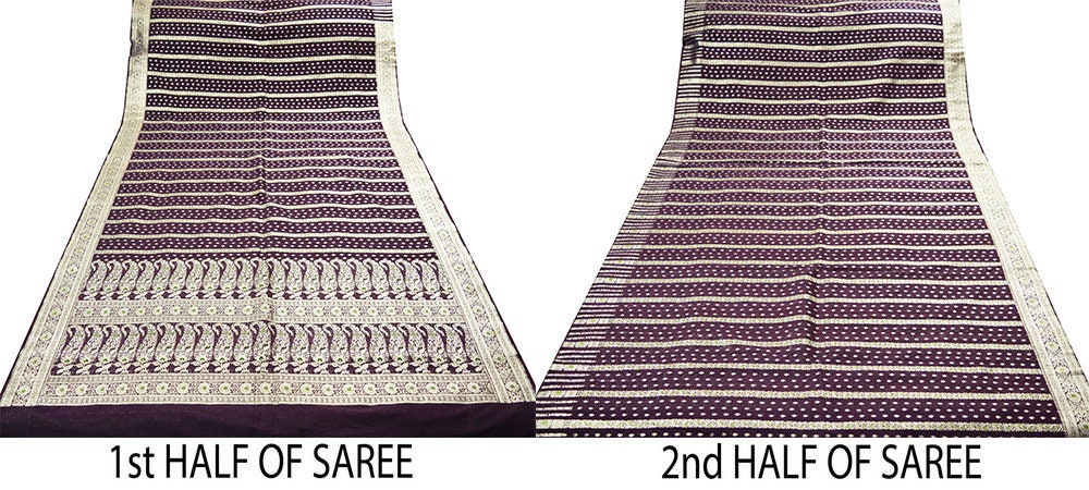 Indian Vintage Sari Purple Heavy Wedding Pure Silk Woven Banarasi Brocade Saree Golden Zari 5Yard