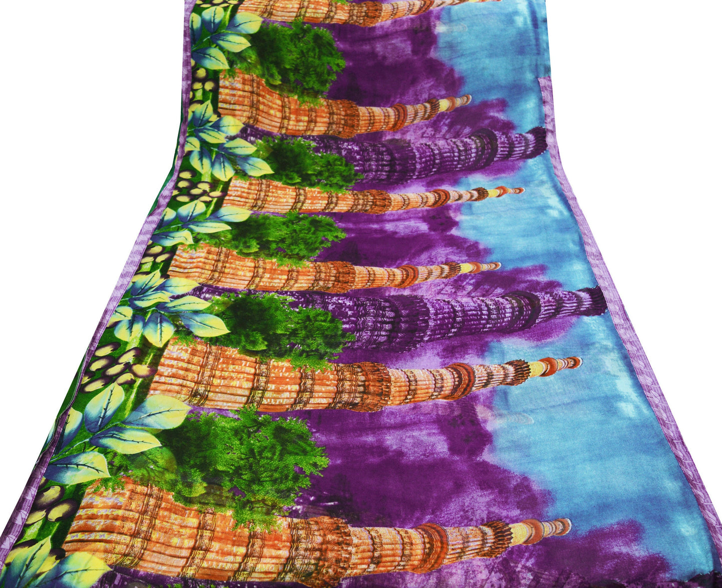 Vintage Sari Multi Georgette Digital Printed Saree Sewing 5yard Craft Soft Qutub Minar Crafting Dress Making
