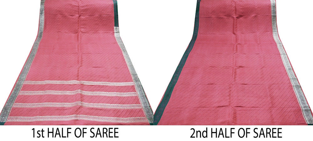 Indian Vintage Sari Heavy Wedding Pure Satin Silk Pink Woven Banarasi Brocade Saree Silver Zari 5Yard