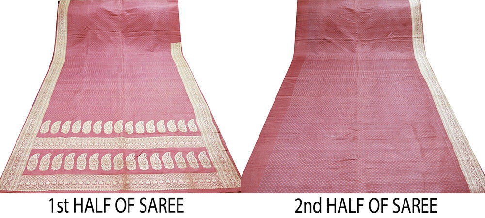 Indian Vintage Sari Pink Heavy Wedding Pure Satin Silk Woven Banarasi Brocade Saree Silver Zari 5Yard