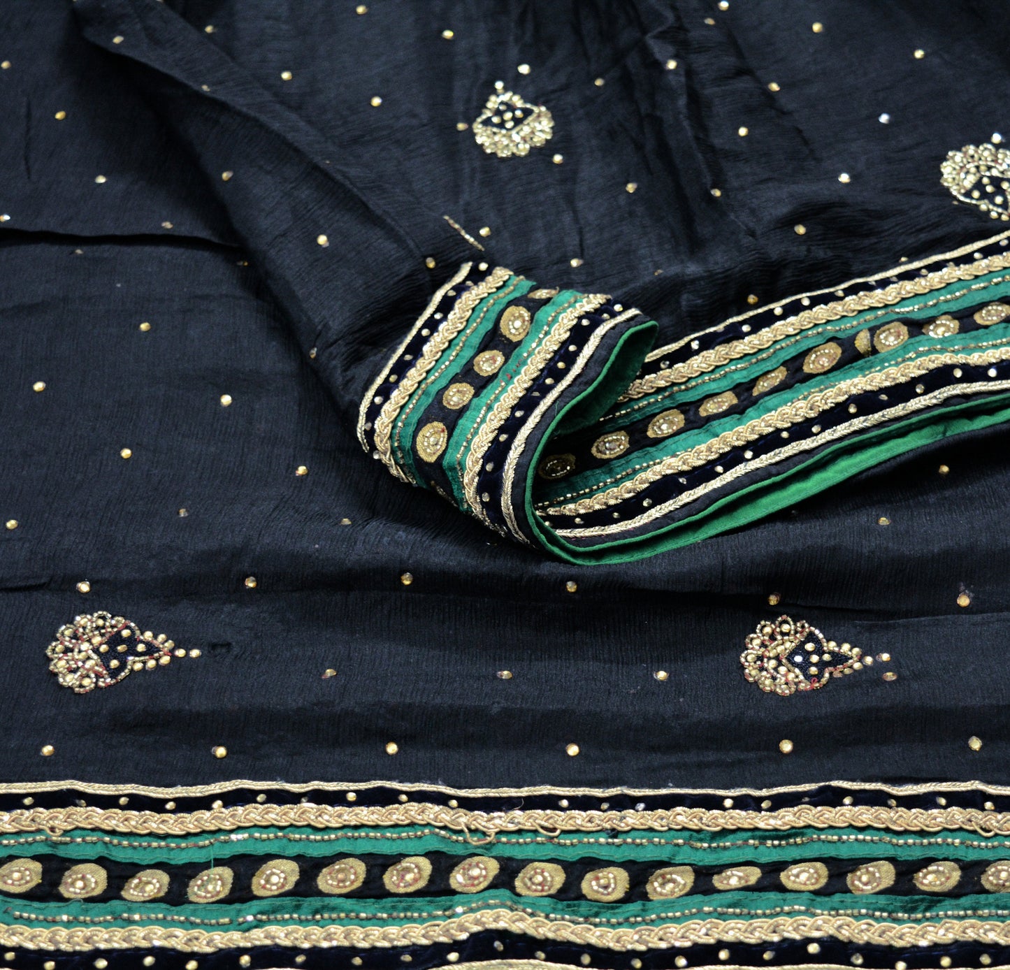 Indian Vintage Heavy Black Dupatta Pure Silk Long Stole Hand Embroidered Scarves Dabka Zardozi Zari Stole Velvet Border