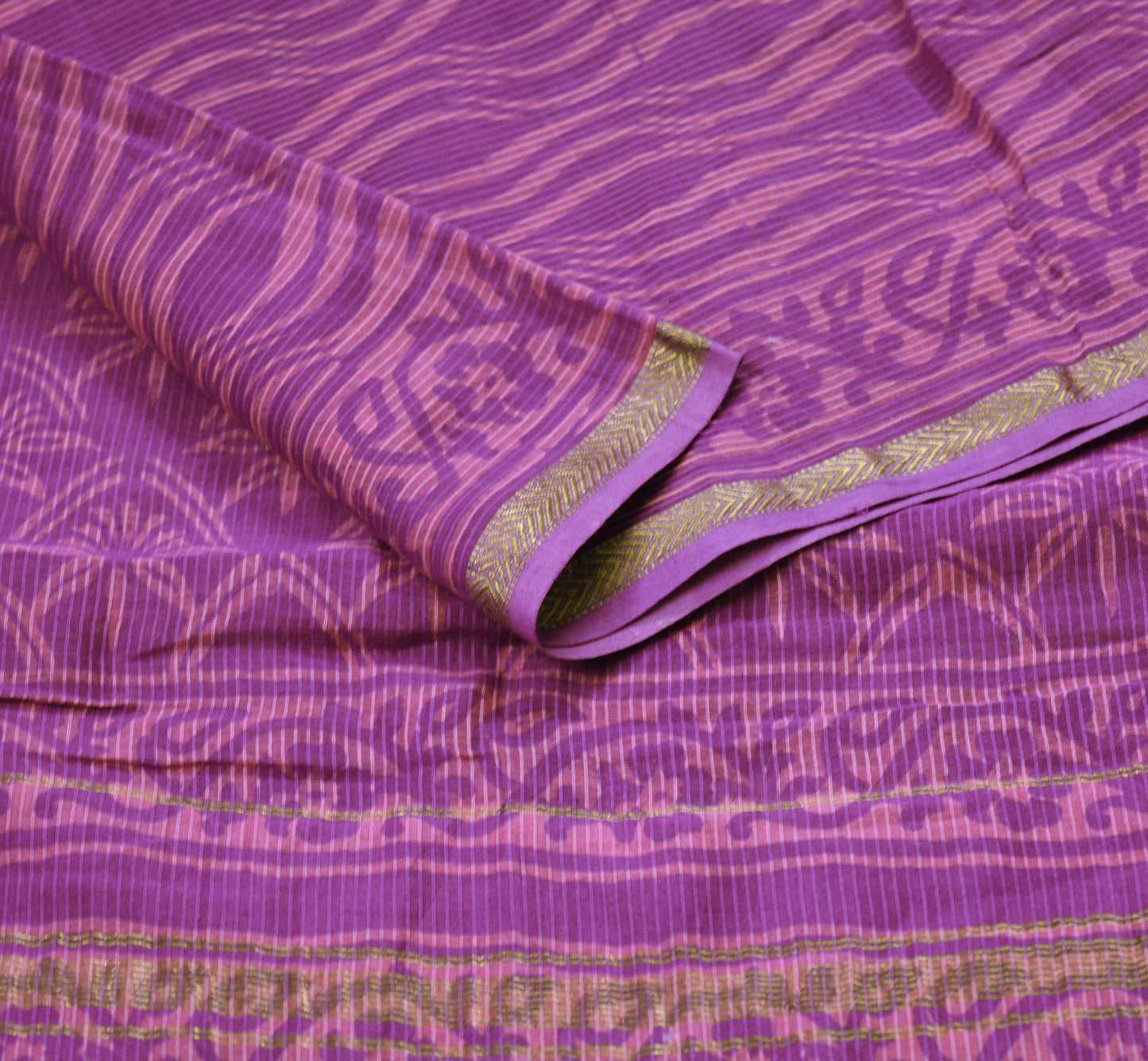 Indian Vintage Purple Dupatta Long Stole Block Print Pure Silk Indian Scarves Veil Golden Zari Soft Floral Design
