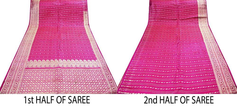Indian Vintage SariHeavy Wedding Pure Satin Silk Rani Pink saree Banarasi Brocade Saree Golden Zari 5Yard