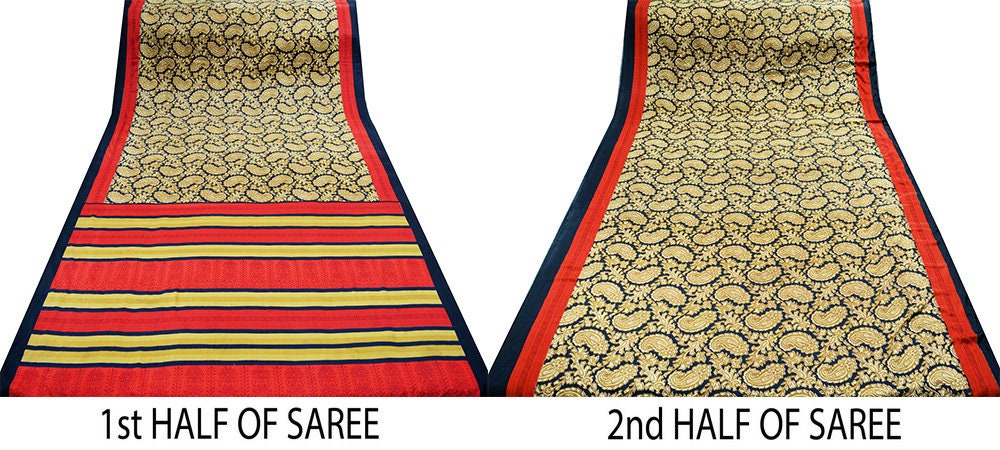 FREE SHIPPING Indian Vintage Beige & Red Saree Moss Crepe Printed Indian Sari 5yard Sewing Paisley Soft Craft Fabric Dressmaking