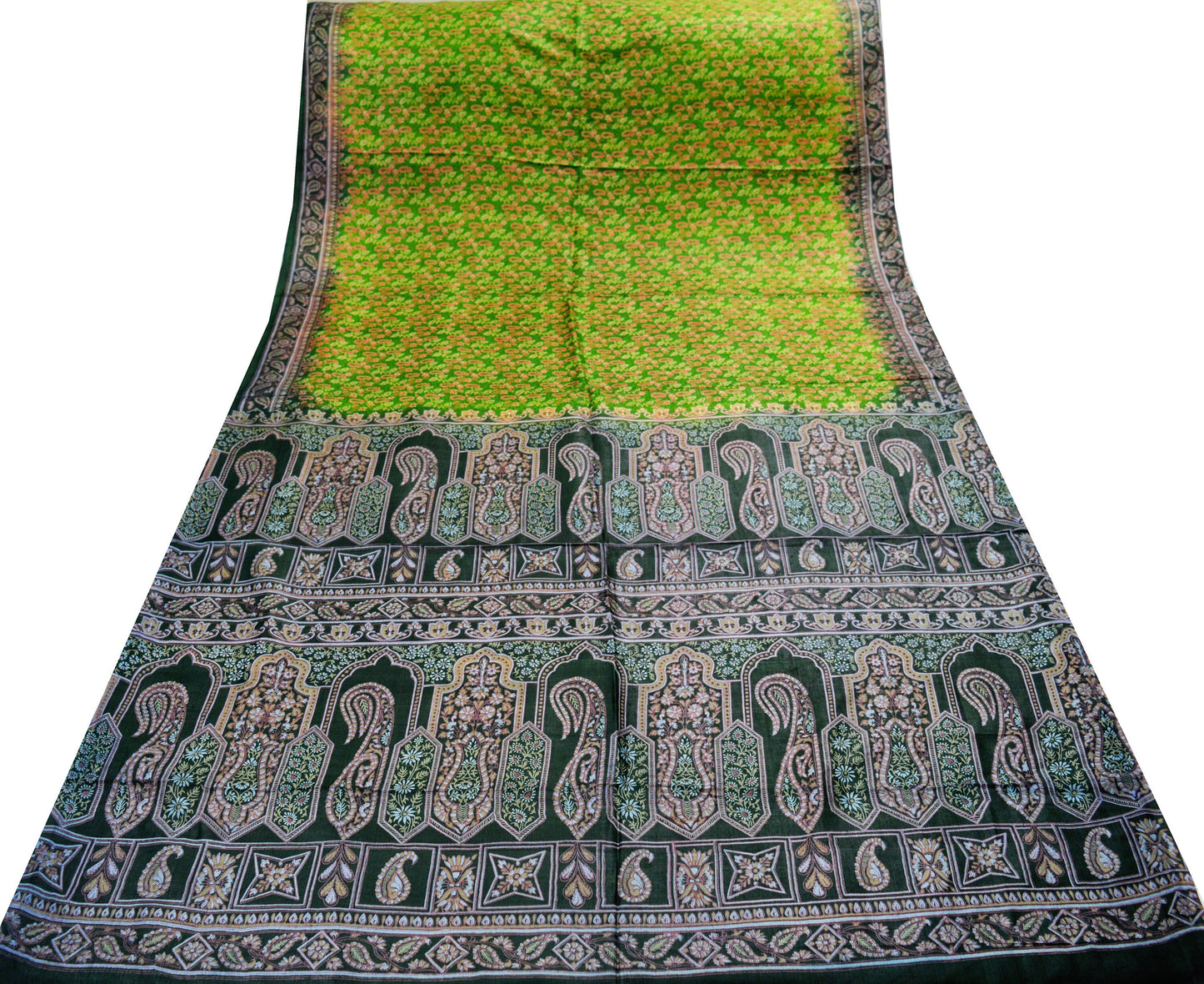 Indian Vintage Sari Black & Green 100% Pure Silk Printed Saree Fabric 5yard Sewing Craft DressMaking Soft Paisley