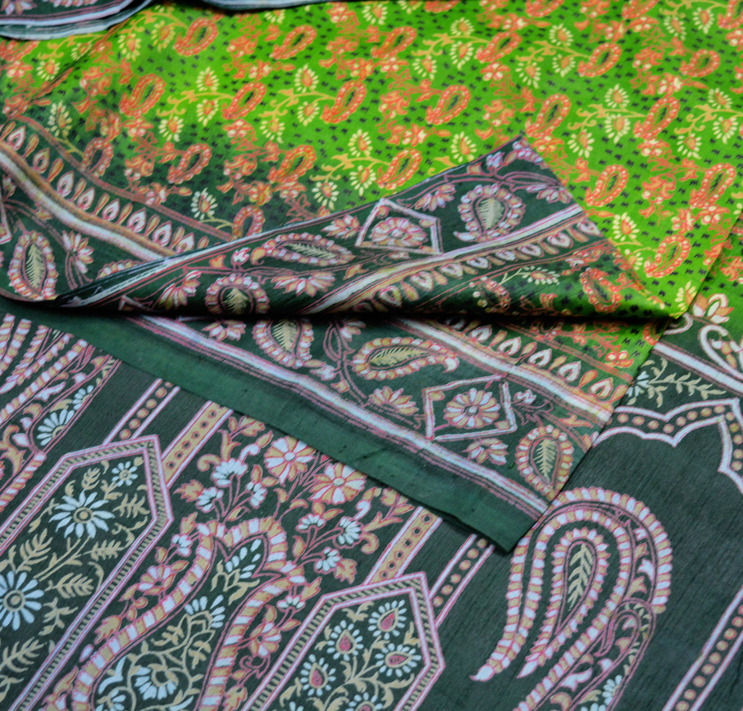 Indian Vintage Sari Black & Green 100% Pure Silk Printed Saree Fabric 5yard Sewing Craft DressMaking Soft Paisley