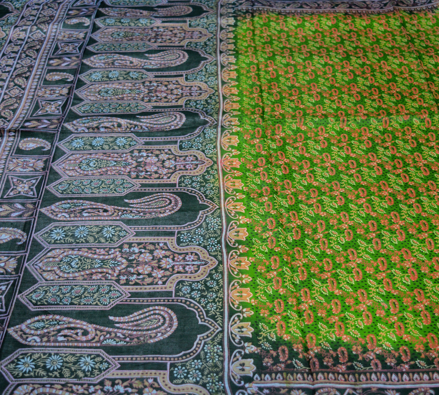 Indian Vintage Sari Black & Green 100% Pure Silk Printed Saree Fabric 5yard Sewing Craft DressMaking Soft Paisley