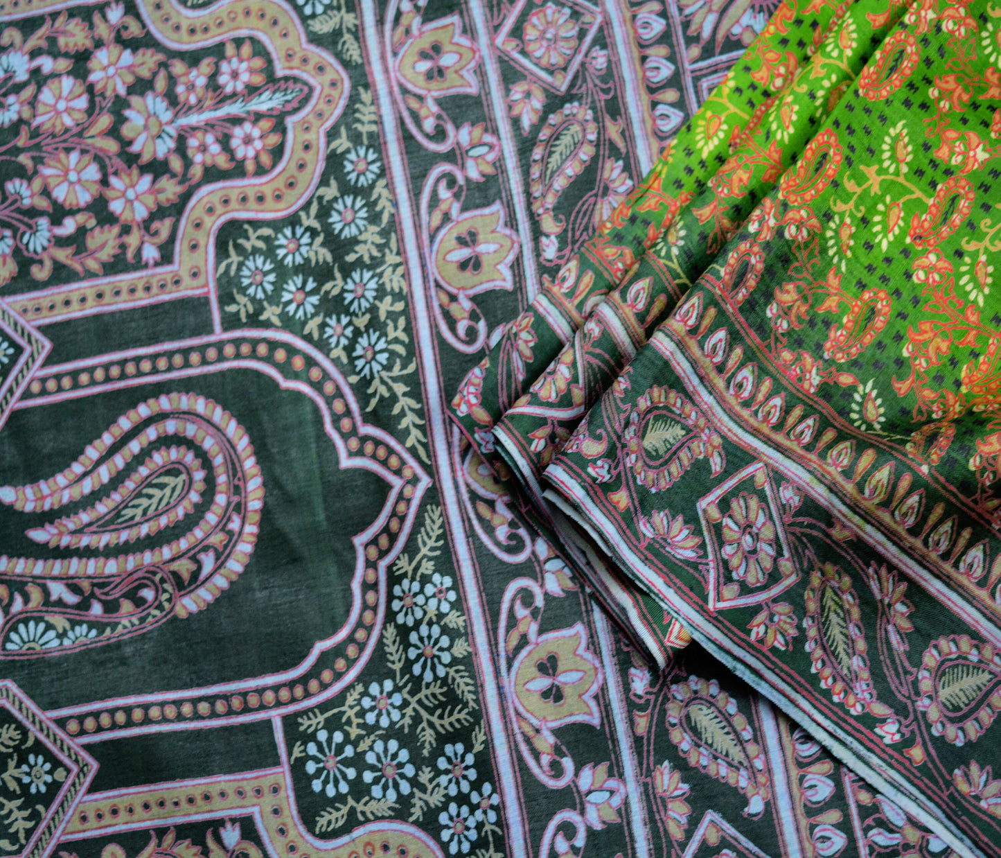 Indian Vintage Sari Black & Green 100% Pure Silk Printed Saree Fabric 5yard Sewing Craft DressMaking Soft Paisley