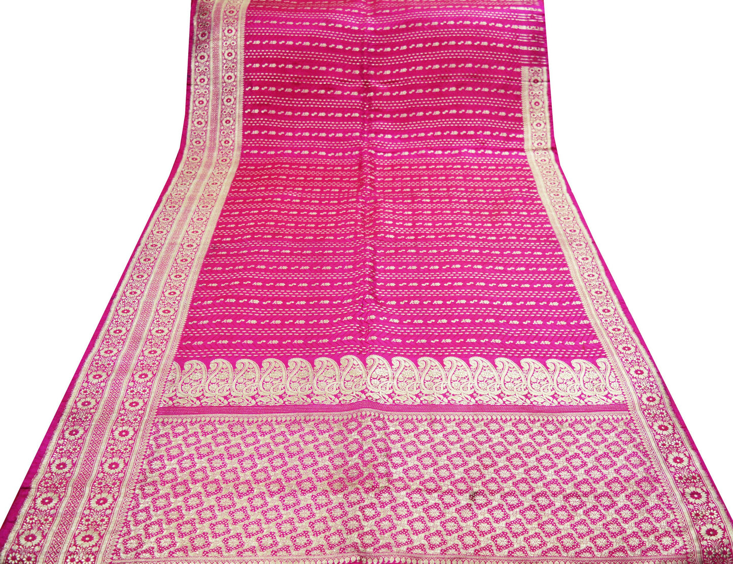 Indian Vintage SariHeavy Wedding Pure Satin Silk Rani Pink saree Banarasi Brocade Saree Golden Zari 5Yard