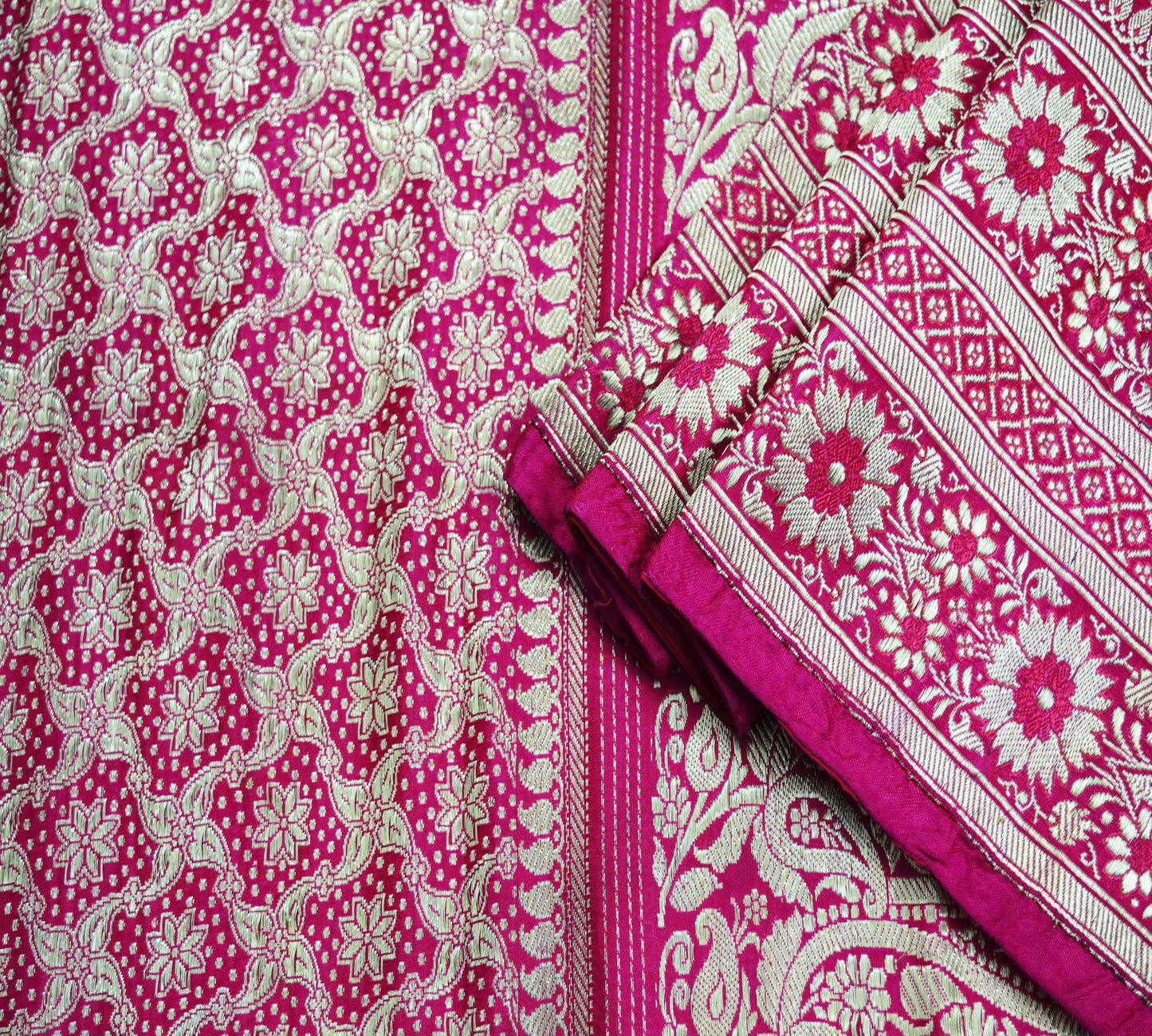 Indian Vintage SariHeavy Wedding Pure Satin Silk Rani Pink saree Banarasi Brocade Saree Golden Zari 5Yard