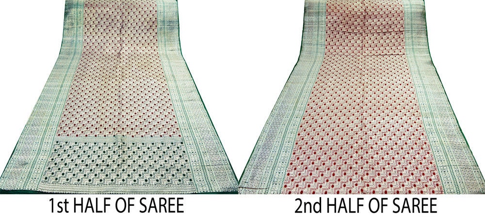 Indian Vintage Sari Maroon & Green Heavy Wedding Pure Satin Silk Woven Banarasi Brocade Saree Zari 5Yard