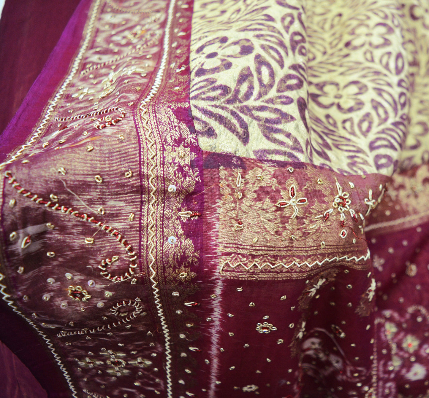 Indian Vintage Saree Beige & Maroon Pure Silk Hand Embroidered Ikkat Sari Indian Fabric 5Yard Craft Ethnic Zardozi/Dabka Zari