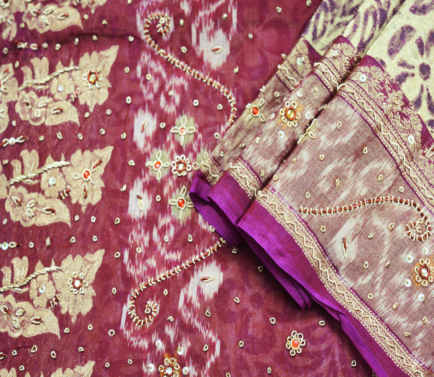 Indian Vintage Saree Beige & Maroon Pure Silk Hand Embroidered Ikkat Sari Indian Fabric 5Yard Craft Ethnic Zardozi/Dabka Zari