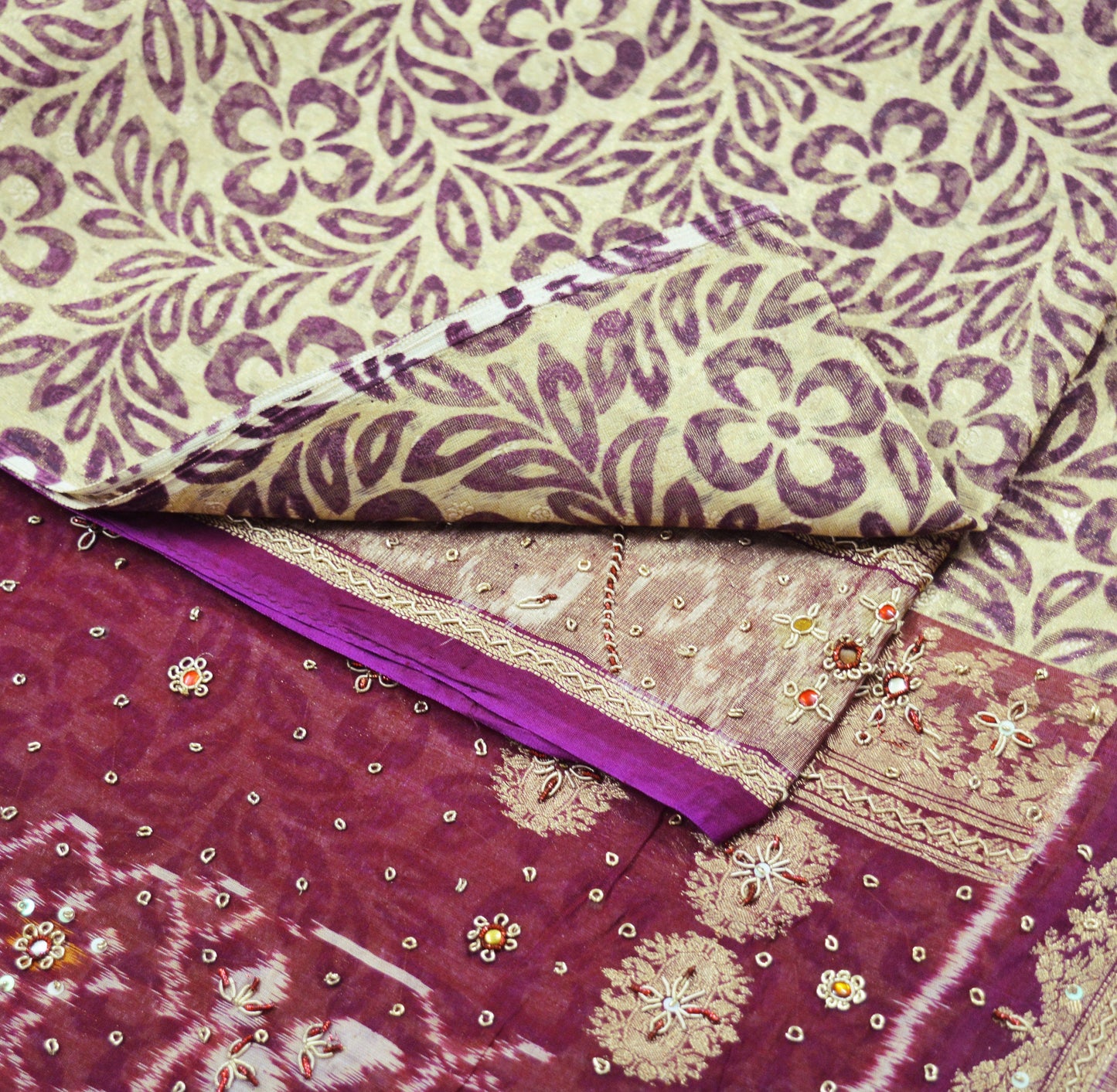 Indian Vintage Saree Beige & Maroon Pure Silk Hand Embroidered Ikkat Sari Indian Fabric 5Yard Craft Ethnic Zardozi/Dabka Zari