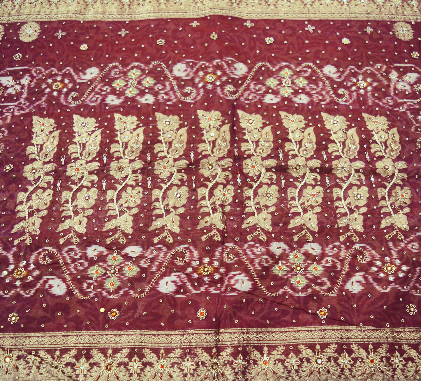 Indian Vintage Saree Beige & Maroon Pure Silk Hand Embroidered Ikkat Sari Indian Fabric 5Yard Craft Ethnic Zardozi/Dabka Zari