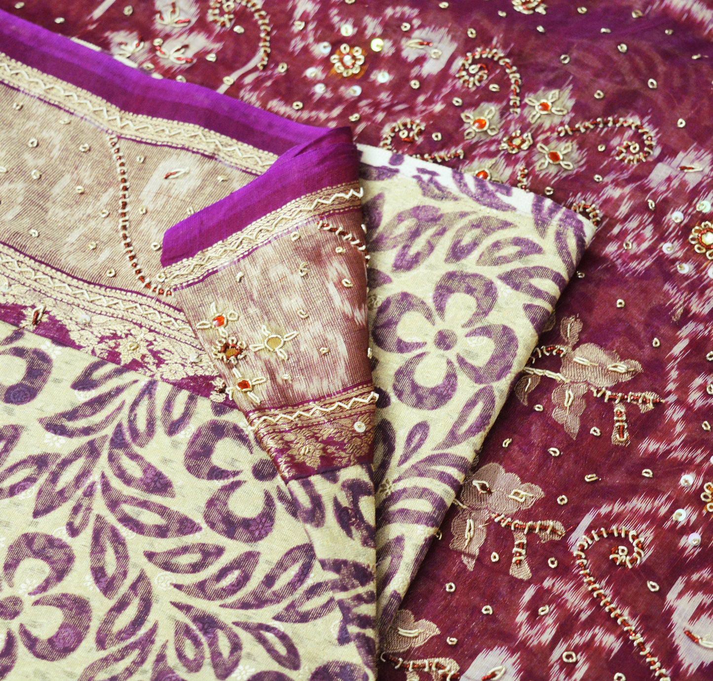 Indian Vintage Saree Beige & Maroon Pure Silk Hand Embroidered Ikkat Sari Indian Fabric 5Yard Craft Ethnic Zardozi/Dabka Zari