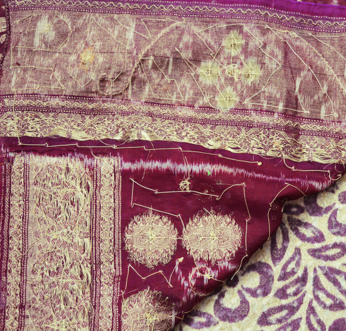 Indian Vintage Saree Beige & Maroon Pure Silk Hand Embroidered Ikkat Sari Indian Fabric 5Yard Craft Ethnic Zardozi/Dabka Zari
