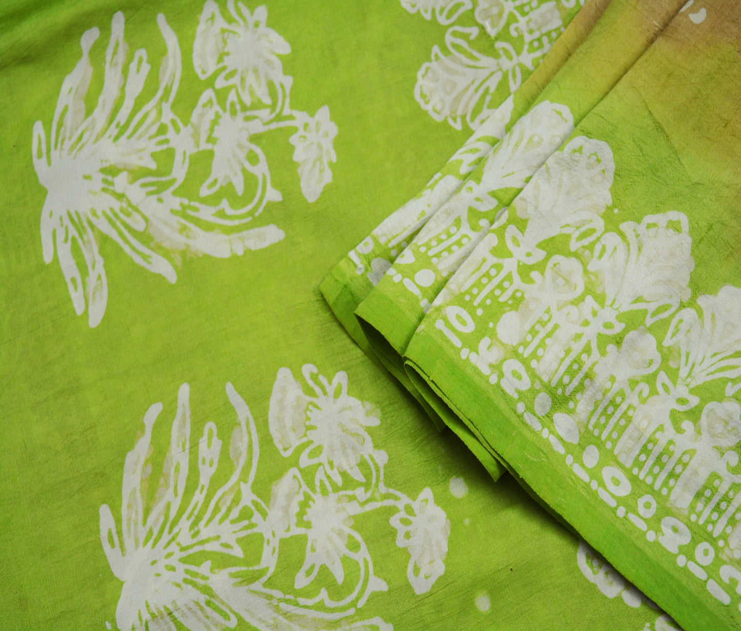 Indian Vintage Sari Brown & Green Batik Printed Saree 100% Pure Silk Soft Fabric Craft 5Yd Sewing Sarong Wrap Boho